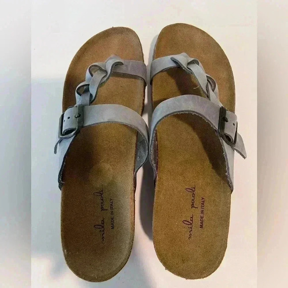 Mila Paoli Italian Gray Braided Leather wedge Cork Footbed sandals Size 9.5 EUC - Picture 5 of 9